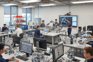 Brightly lit lab with several students working on robotic arms.