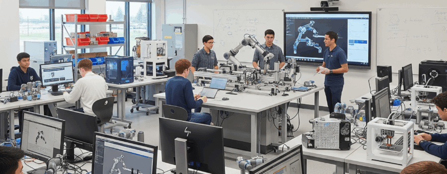 Brightly lit lab with several students working on robotic arms.